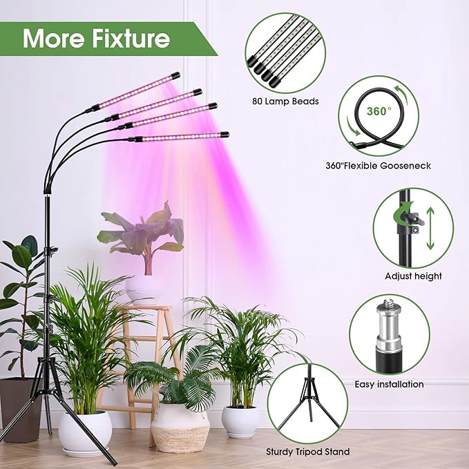Wolezek Plant Light for Indoor Plants, 4-Head 80 LED Full Spectrum Grow Lights for Seed Starting with 15-61 inches Adjustable Tripod Stand, Red Blue Warm White Floor Grow Lamp with Auto 6/12/16H Timer
