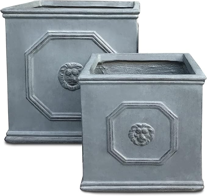 Kante Square Lion Head Concrete Planter Set of 2, Classic English Style Plant Pot with Drainage Hole and Rubber Plug for Indoor Outdoor, 10.2"x10.2"x10.2" and 12.6"x12.6"x12.6" Antique Gray