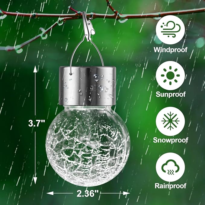 Solar Lights Outdoor Hanging Decorative Globe 8 Pack, Waterproof Solar Lantern with Handle and Clip, Solar Powered Glass Ball Lights for Garden Yard Fence Tree Umbrella Holiday Décor, Color Changing