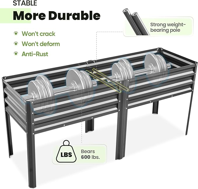 KING BIRD Raised Garden Bed with Irrigation System and Legs Galvanized Elevated Planter Box for Backyard, Patio, Balcony, 600lb Capacity, 70.9x22.8x31.5 in Dark Grey