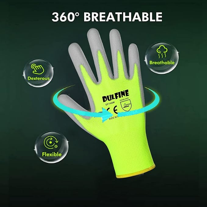 DULFINE Safety Work Gloves for Men PU Coated 60 Pairs Bulk Pack,Hi-Vis Yellow Seamless Knit Glove with thin Polyurethane Coated Smooth Grip on Palm & Fingers,Ideal for General Duty Work (Large)