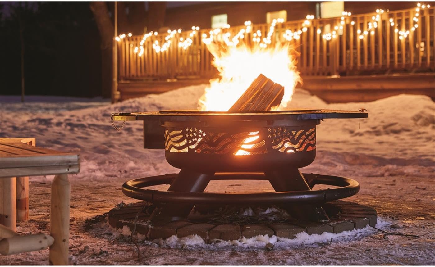 Castlecreek 47" Fire Pit BBQ Grill Outdoor Wood Burning Steel Log Firepit for Camping, Grilling, Smores, Yard, Cooking Outside, Barbecue, Bonfire Flag