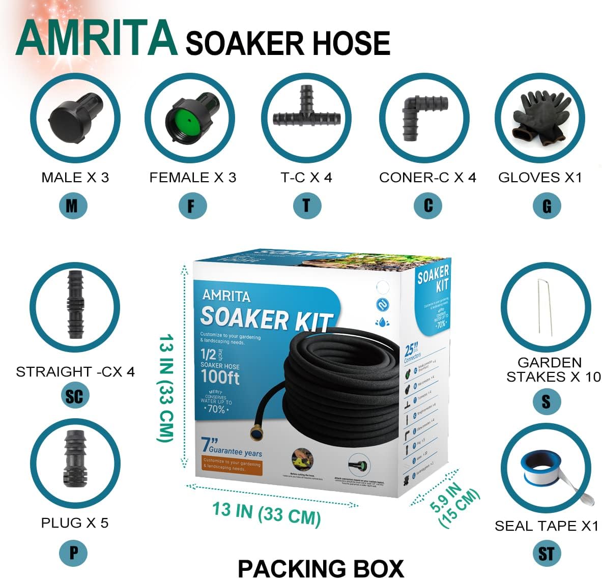 AMRITA Soaker Hose KIT,1/2inch 100ft Rubber Garden Hose 70% Water Saving,Black Heavy Duty Soaker Hose For Garden Lawn,Garden Raised Beds.(1/2-100FT)