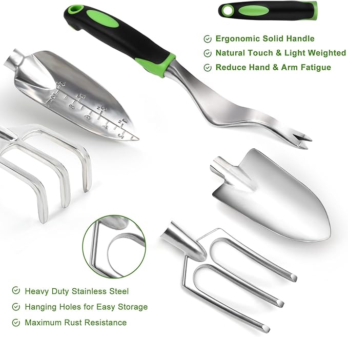 Garden Tool Set with Non Slip Rubber Grip,8 Piece Stainless Steel Gardening Tool Sets,Heavy Duty Outdoor Hand Tools Durable Storage Tote Bag,Uprooting Weeding Tool, Gifts for Women Men Green