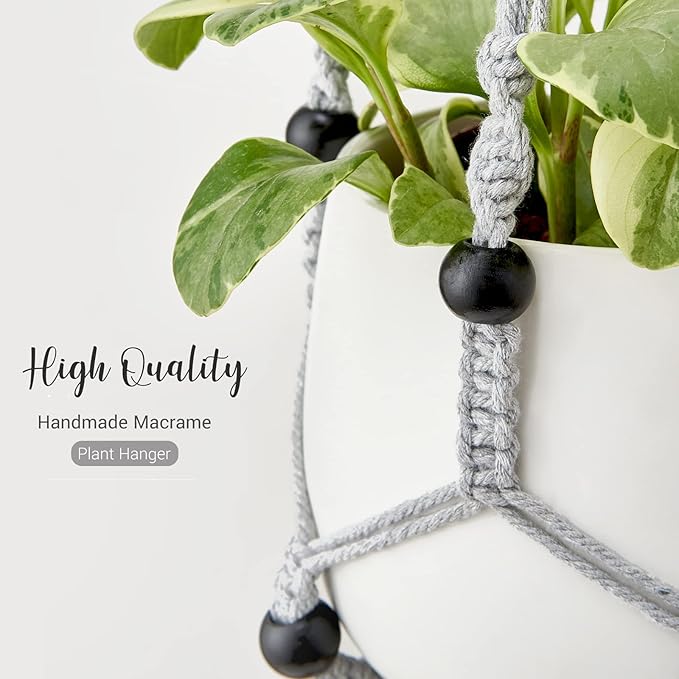 Mkono Macrame Plant Hanger Indoor Hanging Planter Basket with Wood Beads Decorative Flower Pot Holder No Tassels for Indoor Outdoor Boho Home Decor 35 Inch, Grey, Set of 1 (POTS NOT Included)