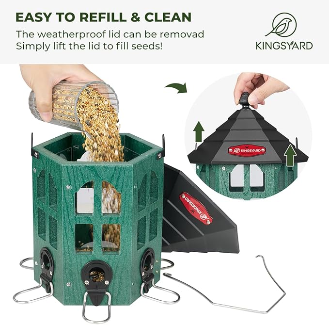 Kingsyard Wild Bird Feeder for Outdoor Hanging, Recycled Plastic Bird Feeders with 6 Ports & U-Shape Perch, Garden Yard Outside Decoration, 3.5 lbs Seed Capacity, Green