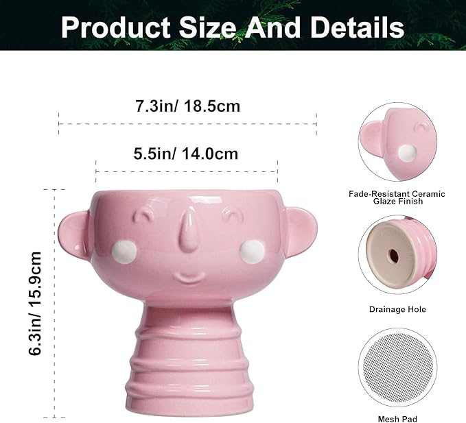 Smiley Face Planter - 7 Inch Ceramic Head Planter for Indoor Outdoor Plants, Cute Succulent Pots with Drainage Hole, Decorative Flower Pots, Home Room Desk Decor, Birthday Gifts, Bright Pink