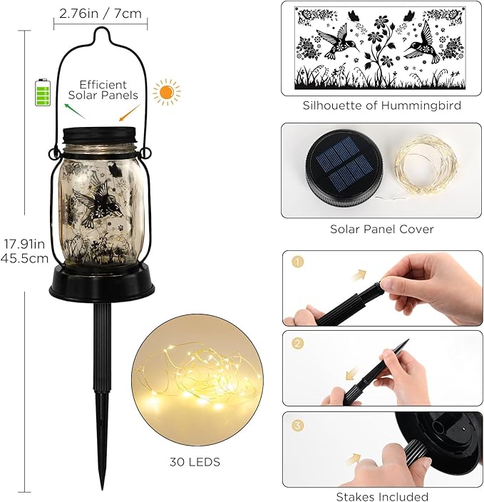 Kyoryuger Solar Hummingbird Lantern Outdoor Garden Decor, Gifts for Women Mom Gradma Birthday Gifts, Hanging Solar Light Lawn Ornaments Home Decoration Outside for Yard, Patio,Backyard,Porch, Pathway