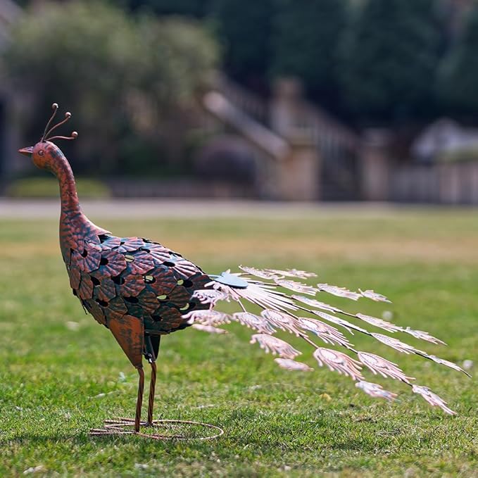 VEWOGARDEN Peacock Outdoor Statues Metal Peacock Tail Spread Garden Sculptures & Statues for Yard Lawn Patio Pool Outside Decorations, Blue & Bronze