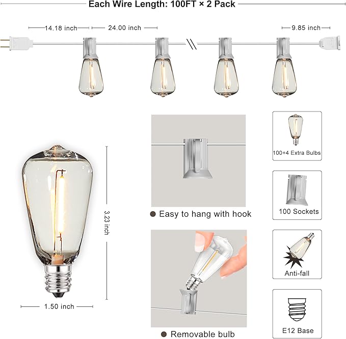 DAMAING Outdoor String Lights 200FT Waterproof,Patio String Lights for Outside with Shatterproof 104 Edison LED Bulbs,Vintage Dimmable Hanging Lights for Christmas,Wedding,2 Pack × 100FT White Cable