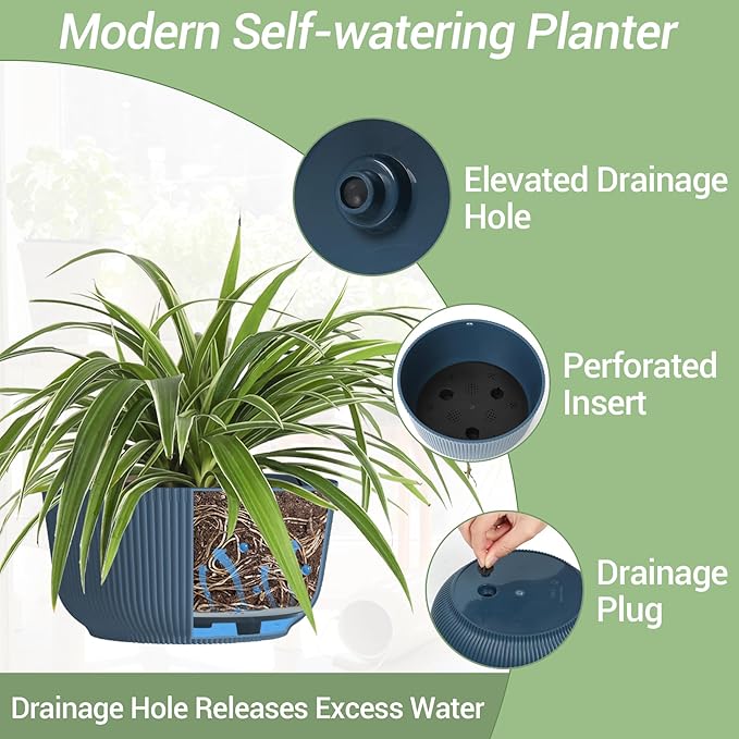 T4U 8 Inch Hanging Planters for Indoor Outdoor Plants, Self Watering Hanging Pot Pack of 2, Hanging Pots with Drainage Hole & Plug & Chain with 3 Hooks for Garden Home Decor, Blue