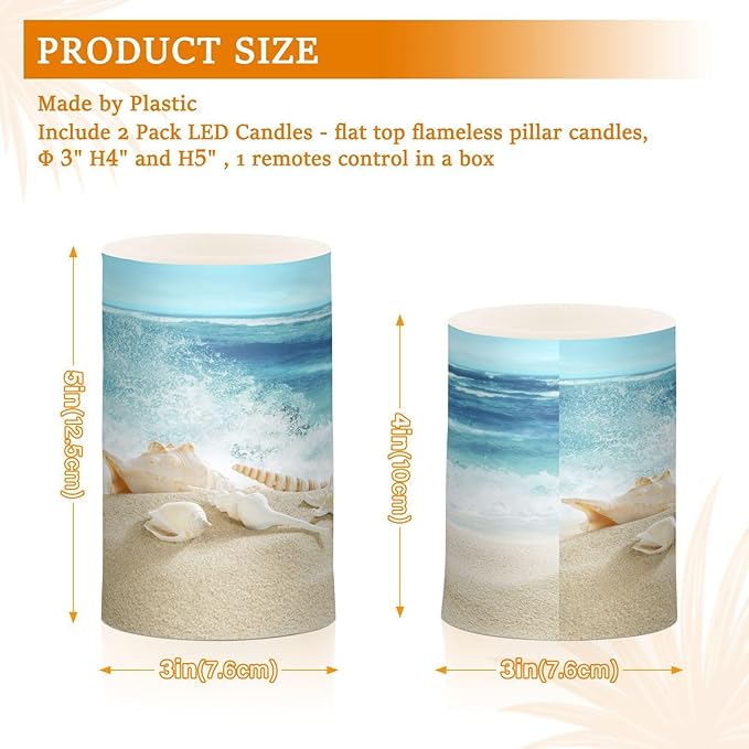 Flickering Flameless Candles, Shells Summer Sandy Beach LED Candles with Remote Timer, Set of 2 Battery Operated Candle for Valentine Wedding Birthday