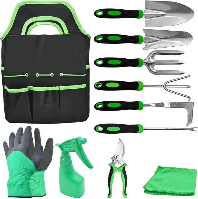 11Pcs Heavy Duty Gardening Tool Set, Shovel Stainless Steel with Non-Slip Rubber Grip, Canvas Storage Bag for Women Gardeners Pruning Shears Plant Care Weeding Tools