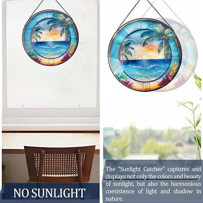 RIVEENY Blue Ocean Sunset Glass Window Hanging Decor,8" Stained Glass Sun Catcher Hanging Decoration with Metal Chain-Sun Catchers for Window Decor Outdoor Garden Decor Gift (Oceans)