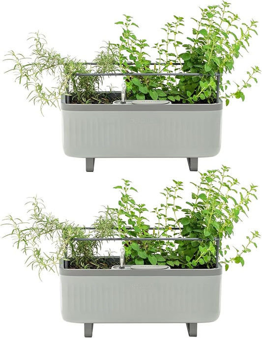 Vego garden 2 Pack Herb Indoor Plant Box, Self Watering Planters Pots for Indoor Plants with Trellis for Kitchen Window Sill or Countertop Plants Cage - Fog Gray