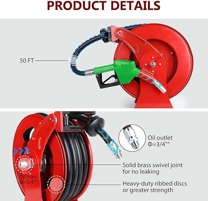 Fuel Hose Reel with Fueling Nozzle, 3/4" x 50FT Retractable Diesel Hose Reel, 300 PSI Industrial Heavy Duty Auto Swivel Rewind Hose Holder Reels, for Vehicle Tank Truck Trailer Ship
