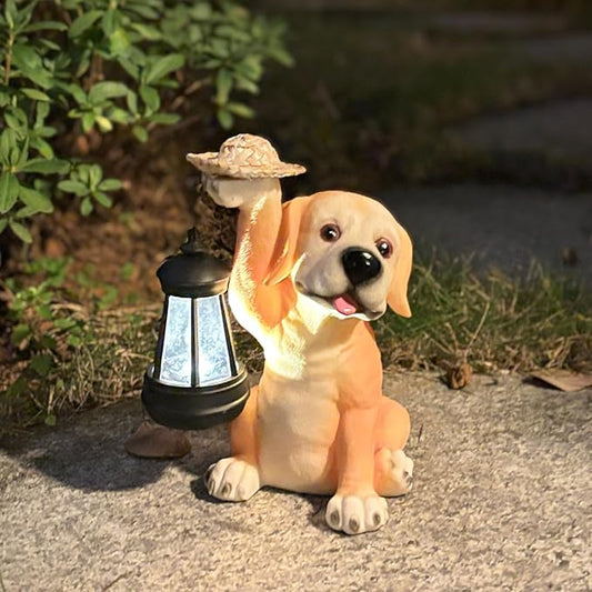 Garden Dog Statues - Adorable Resin Dog Figurines with Straw Hat and Solar LED Lantern, Puppy Decorations Outdoor Solar Light for Yard Patio Lawn Porch, Ornament Gift