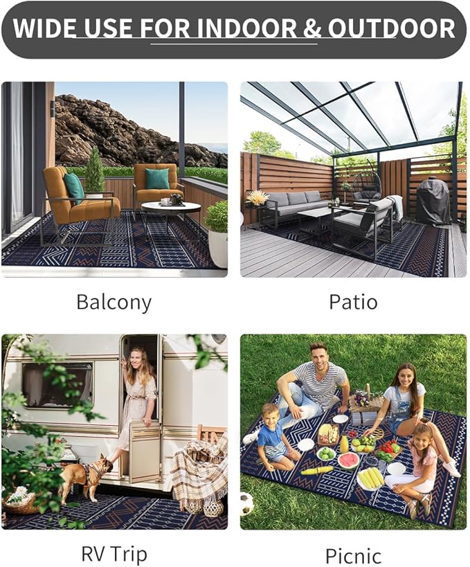 Outdoor Rug Carpet Waterproof 8x10 ft Patio Rug Mat Indoor Outdoor Area Rug for RV Camping Picnic Reversible Lightweight Plastic Straw Outside Rug for Patio Decor Decoration Boho Rug Navy Red