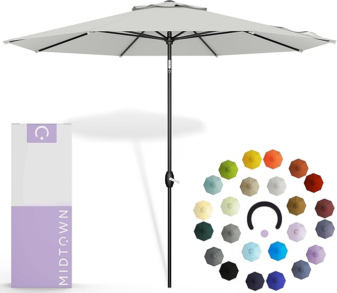 Midtown Umbrellas 10-Year-No-Fade - 9 Ft - UV Proof Off White Polyester Fabric - Umbrella Outdoor Patio, Auto-Tilt Aluminum Frame Patio Umbrella for Garden, Pool & Deck - Black Pole