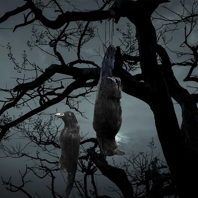 Lewtemi 4 Pcs 17 Inch Realistic Hanging Dead Crows Decoy Life Size Black Feathered Crow Fake Black Crows for Garden Decorations