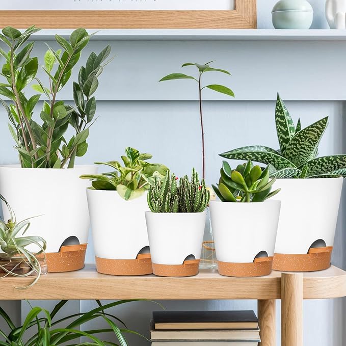 GARDIFE Plant Pots 7/6.5/6/5.5/5 Inch Self Watering Planters with Drainage Hole, Plastic Flower Pots, Nursery Planting Pot for All House Plants, African Violet, Flowers, and Cactus,White