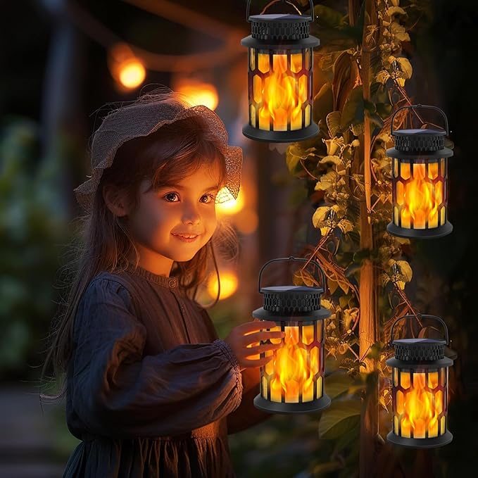 Solar Lights for Outside, Upgraded Solar Lanterns Flickering Flame Outdoor Waterproof Hanging Lanterns Decorative Solar Powered Outdoor Lighting LED Flame Garden Lights for Patio Deck Yard, 2 Packs