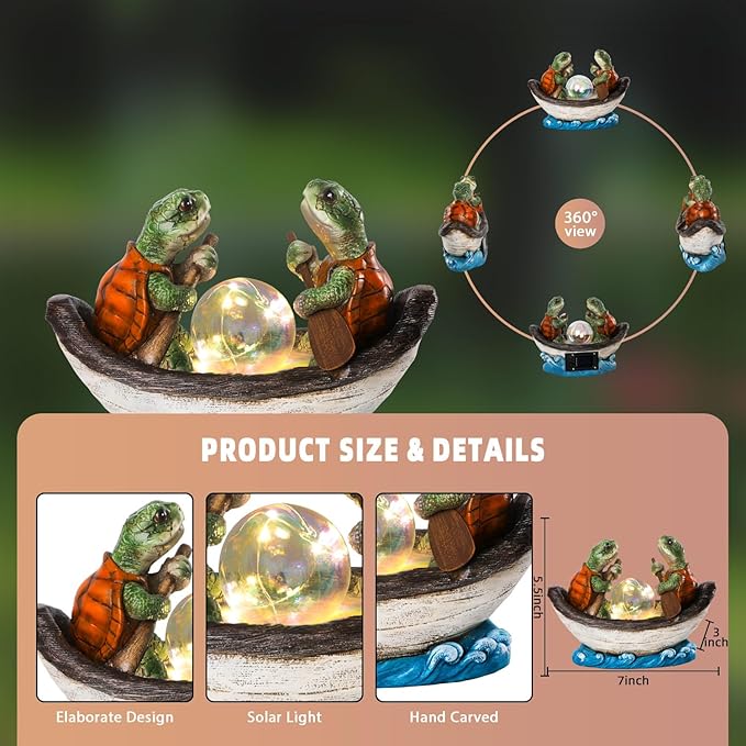 Solar Turtles Boating Garden Statue with Ball Light 5.5" Resin Turtle Figurines Outdoor Statues for Garden Patio Porch Yard Lawn Women Kids Men