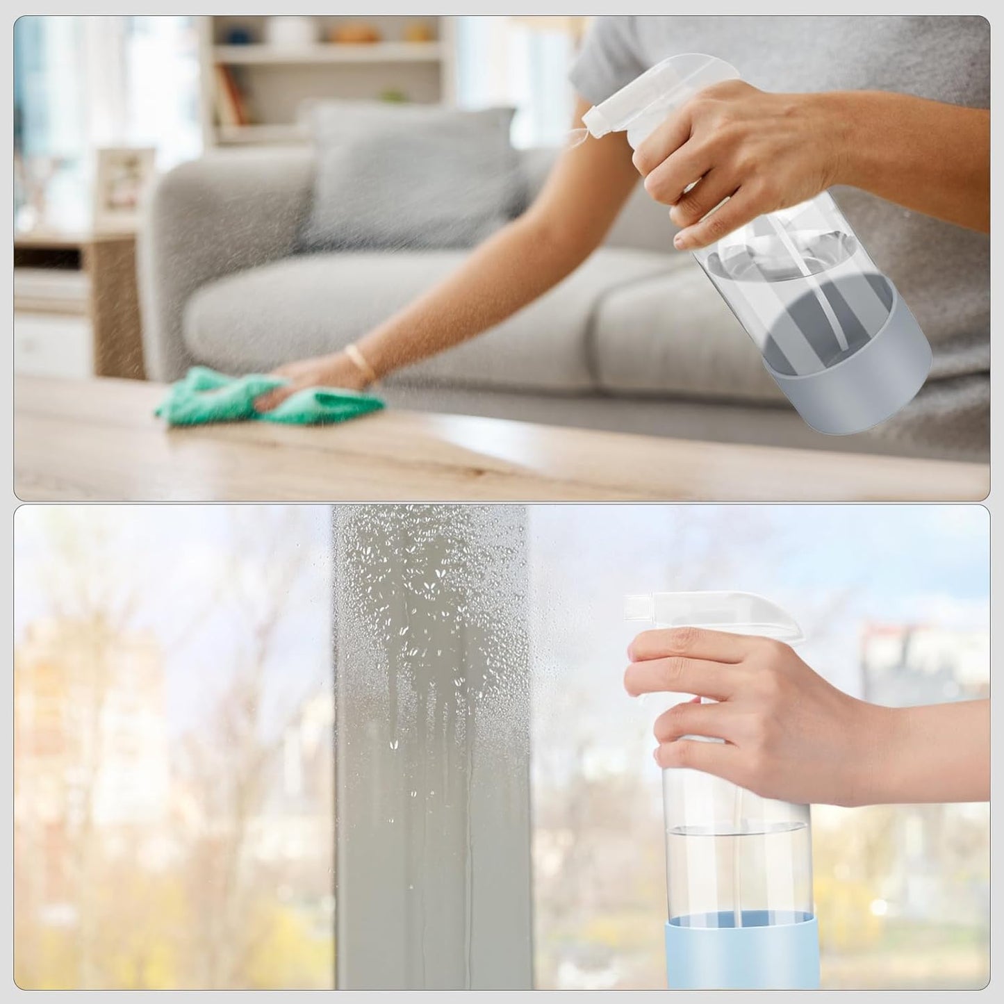 2 Pack Glass Spray Bottles with Silicone Sleeve, 16 oz Empty Refillable Containers with Adjustable Spray Nozzles, Spray Bottles for Hair, Cleaning Solutions and Plants Blue&Grey