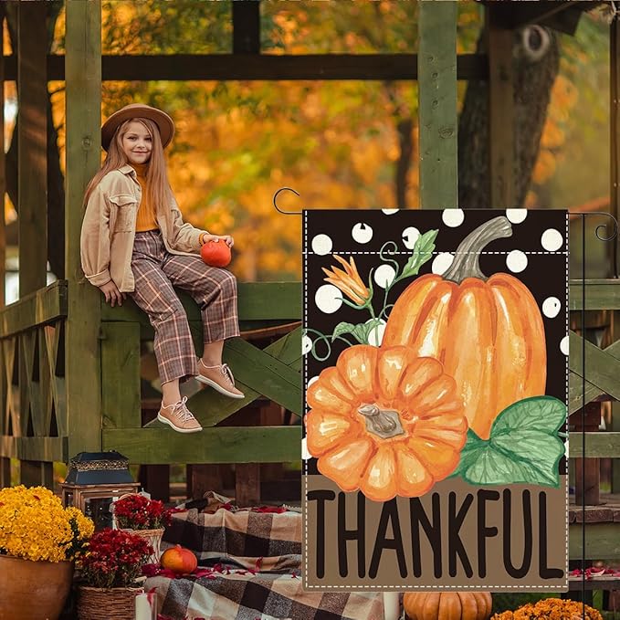 Fall Thankful Garden Flag Autumn Pumpkin Garden Flag 12x18 inch Double Sided Fall Thanksgiving Flags Holiday Decorations for Yard Outdoor Home Porch (Flay 1807)