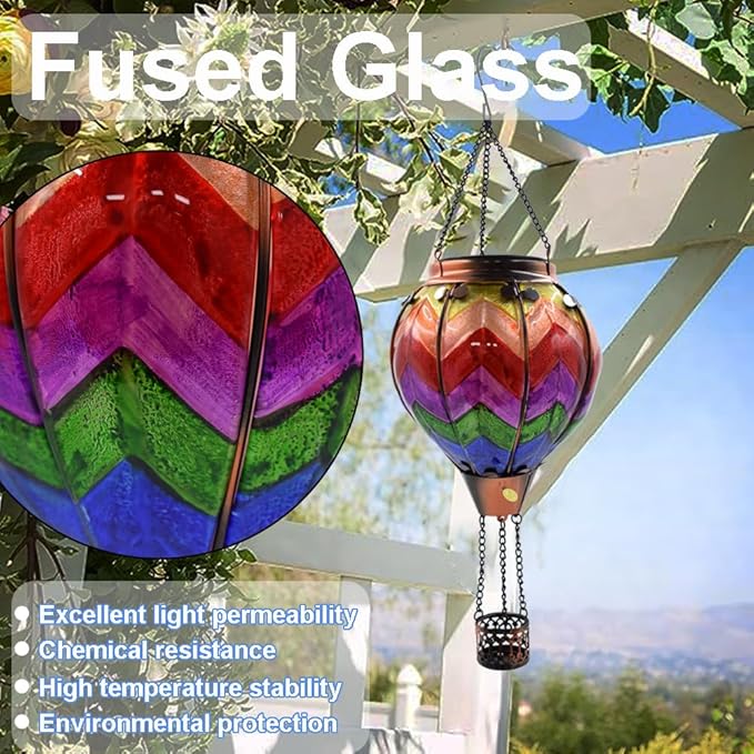 2PCS Solar Hot Air Balloon Lanterns with Flame with Shepherd's Hooks, Glass Hanging Flickering Lights Outdoor Waterproof for Garden Tree Yard Patio Mother's Day Gift, 18" H Wavy-Colorful