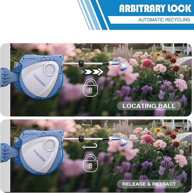 1/2 in × 100 ft Garden Hose Reel,Wall-Mounted Hose Reel with Bottom Drain,180° Rotating Bracket,with 10-Function Sprayer Nozzle,Lockable at Any Length,Equipped with Waterproof Bag(Blue)