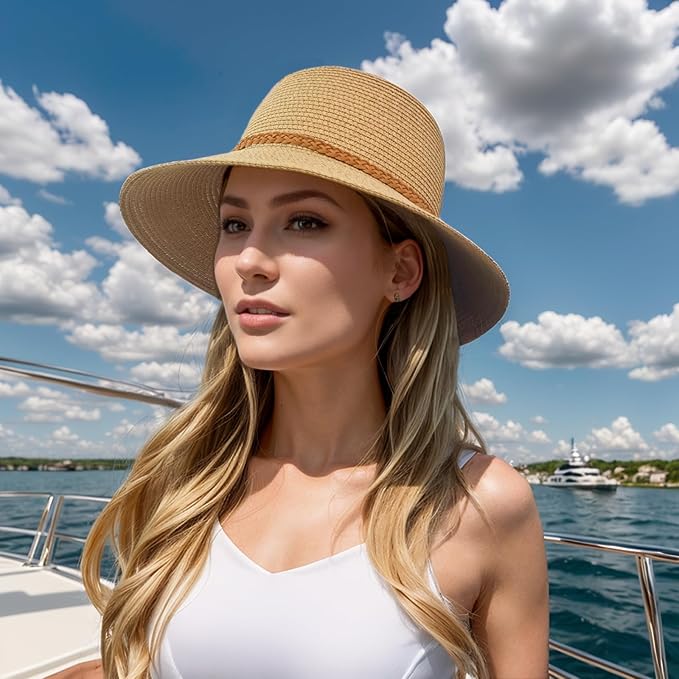 Beach Sun Straw Hats for Women, Summer Sun Protection Foldable Packable Wide Brim Hat