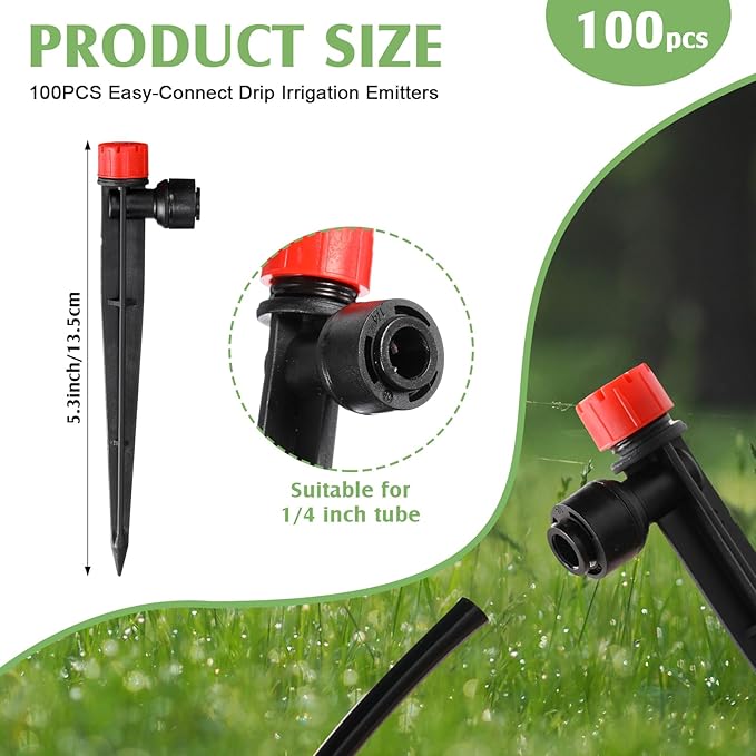 100 Pcs Drip Irrigation Emitters for 1/4'' Irrigation Tubing Adjustable Water Flow Drip Emitters with Stake Drip Irrigation System Irrigation Drippers with 360 Degree Sprayer for Garden Patio