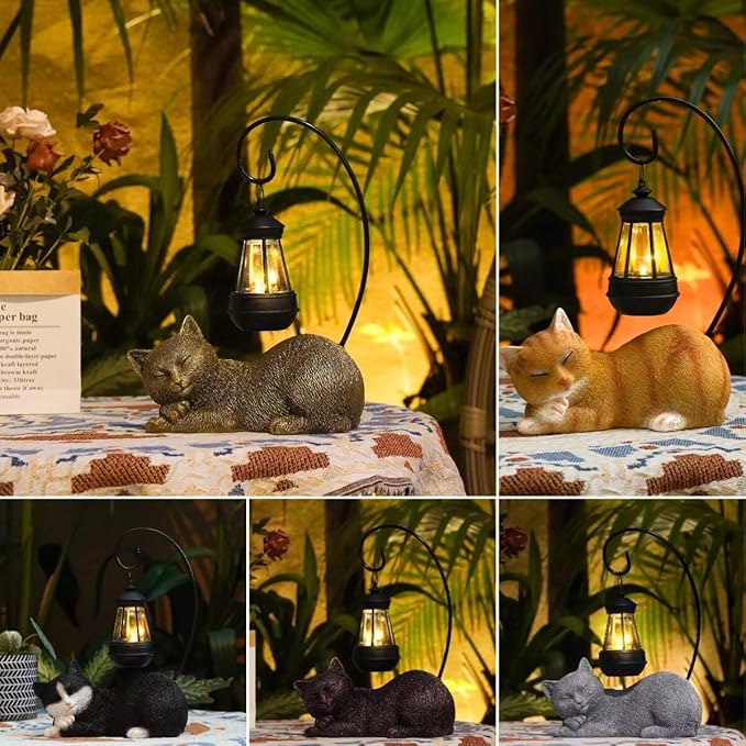 Resin Cat Statue with Solar Lantern, Eye-catching Garden Sculpture & Lawn Decor, 13" Height Outdoor Cat Figurine for Garden Yard Patio Porch Decorations, Cat Statues Outside Ornament