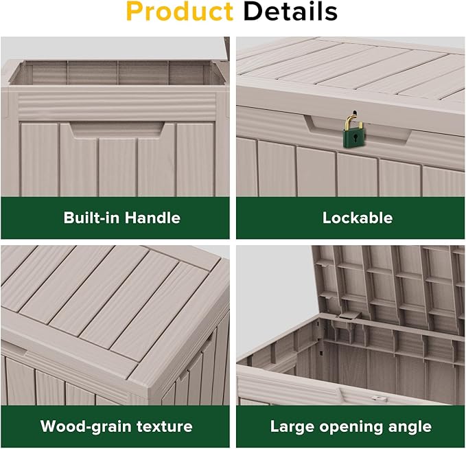 DRATO 45 Gallon Deck Box, Outdoor Storage Box for Patio Furniture, Patio Cushions, Gardening Tools, Pool Supplies 480lbs Weight Capacity,Waterproof Resin Storage Boxes (Light Brown, 45Gal)