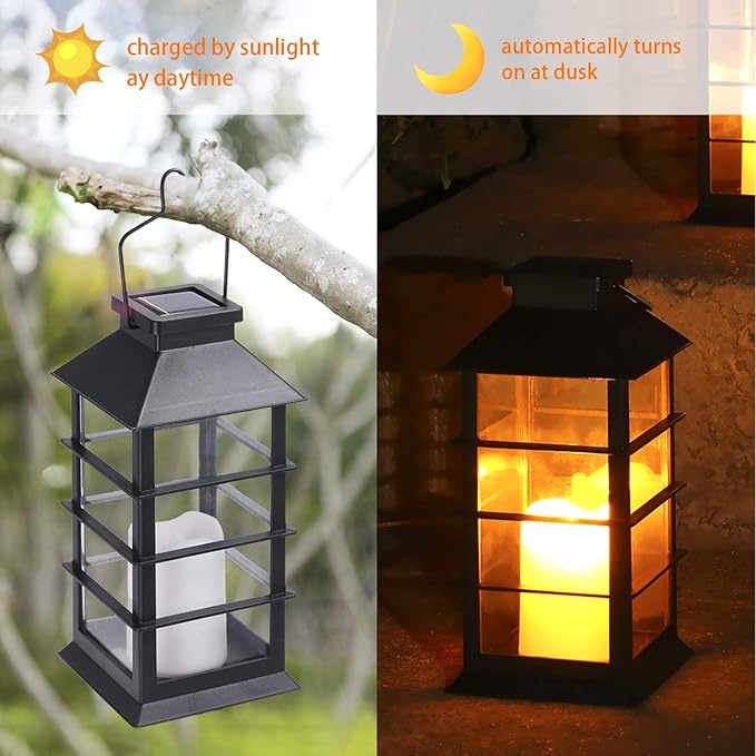 LED Solar Lantern - Outdoor Hanging Solar Lights Waterproof Flickering Flame Candle Light for Patio Courtyard Garden Decorative(2 Pack)