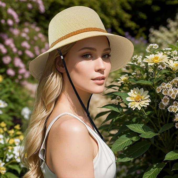 Beach Sun Straw Hats for Women, Summer Sun Protection Foldable Packable Wide Brim Hat