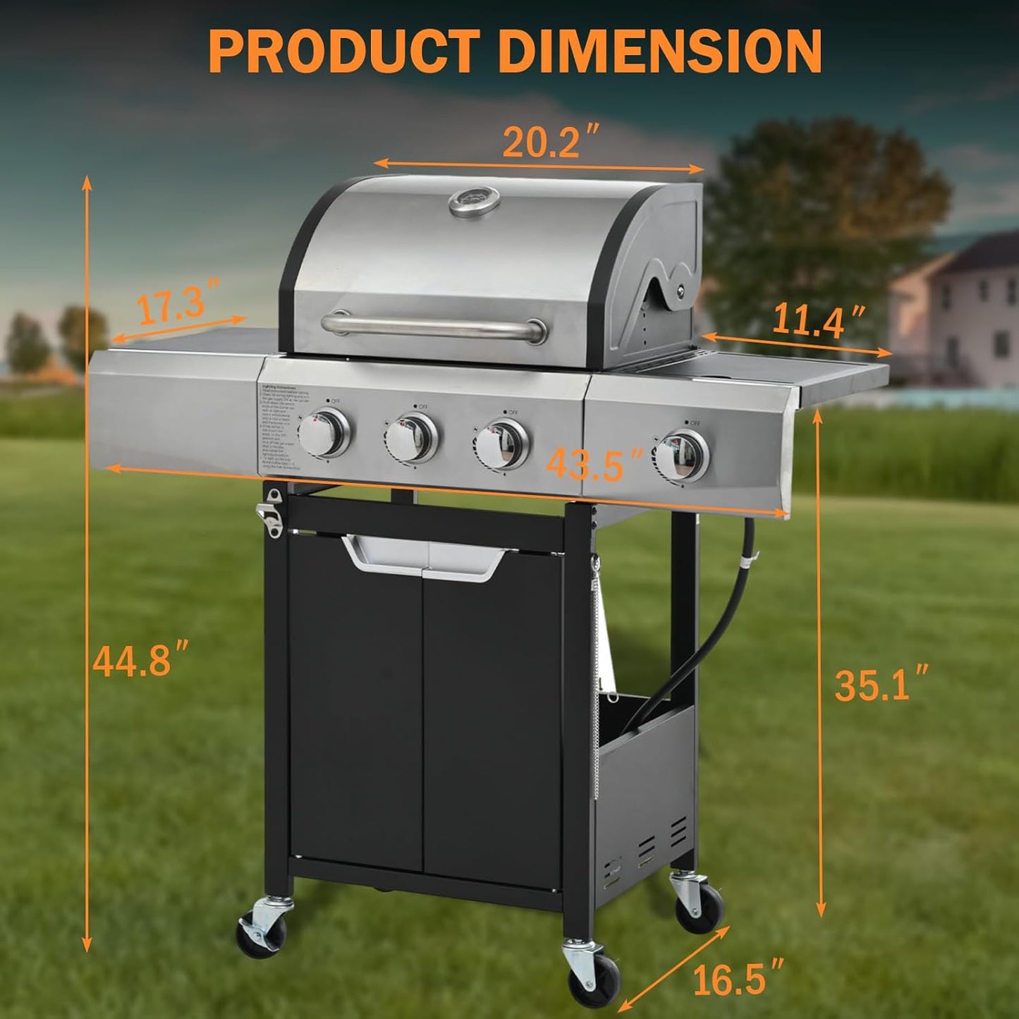 3-Burner Propane Gas Grill with Side Burner, 40,500 BTU Stainless Steel BBQ - Easy Assembly & Grease Management for Patio, Backyard, Camping (3+1Burner)