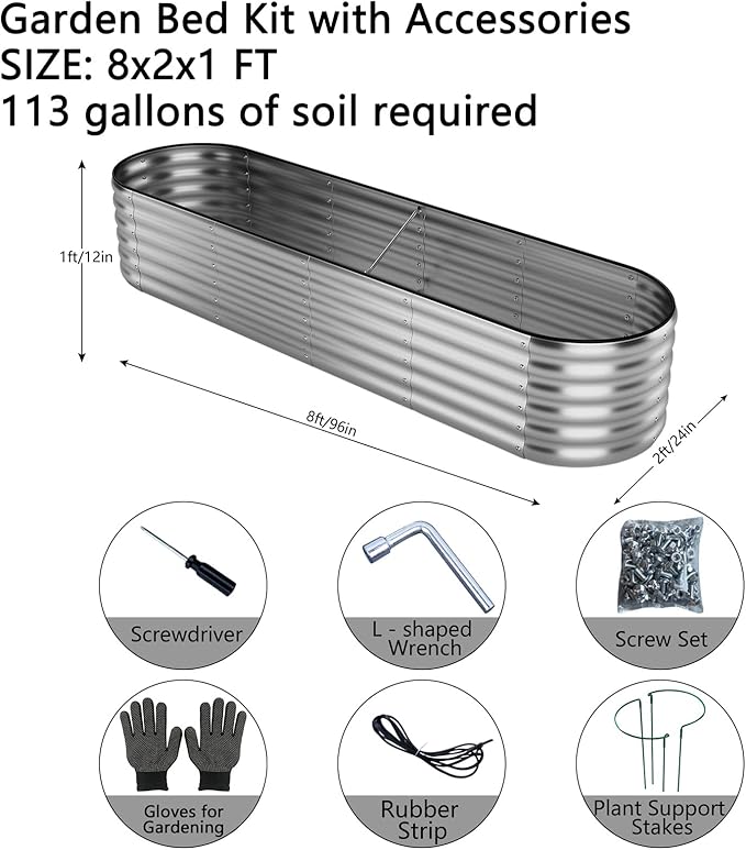 Large Raised Garden Bed Galvanized Metal Round Raised Garden Bed Outdoor for Gardening，8x2x1FT for Vegetables Flowers Ground Planter Box