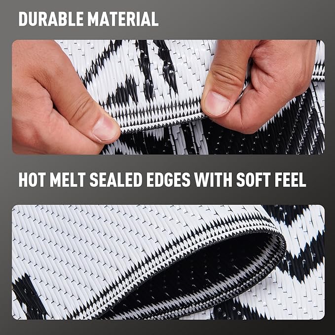 WILDROOTS 8x10 Feet Black and White Plastic Outdoor Rug, Stain Resistant Waterproof Reversible Outdoor Patio Rug, Fade Resistant Camping Rug