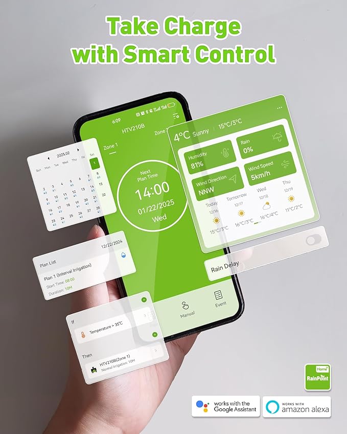 RainPoint WiFi Water Timer for Garden Hose with Brass Inlet, 2-Zone Smart Hose Timer, WiFi Irrigation Controller, Automatic Sprinkler Watering System for Lawns and Yard