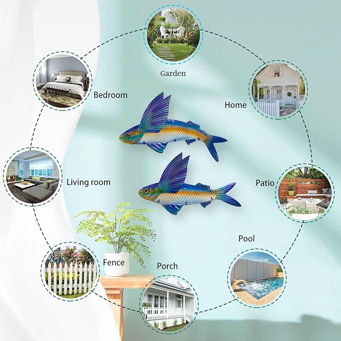 LIFFY Metal Fish Wall Decor -Outdoor Metal Fish Wall Decor - Indoor Art Sculpture - Hanging Decorations for Home, Garden, Bedroom, Sculptures, Ocean, Pool(Flying Fish Set 2,15 inch)