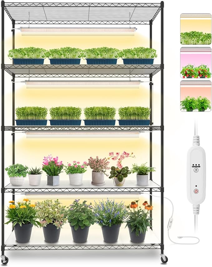 Plant Shelf with Grow Lights, 5 Tier Large Tall Plant Stand with 3FT T5 144w Grow Light for Indoor Plants, 3 Mode Full Spectrum LED Plant Light with wheel and Timer for Seedling, 47.2x17.8x71IN