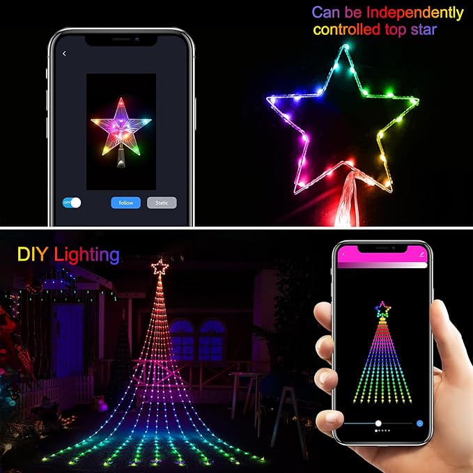 Outdoor Christmas Decorations Lights, 344 LEDs Color Changing Smart Waterfall Christmas Tree Lights with Remote & Sync Music, LED String Lights Outdoor Waterproof for Party Wedding Xmas Decor (12FT)
