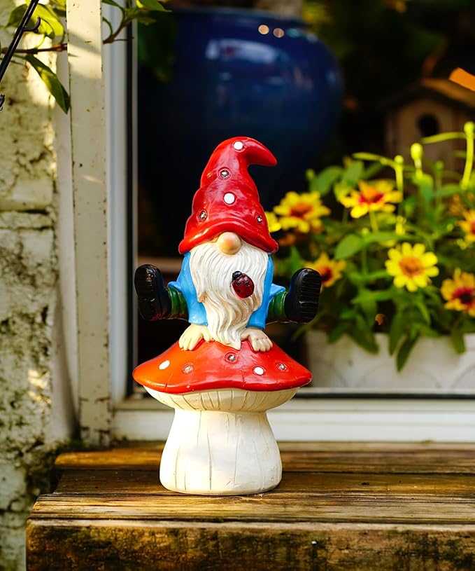 Solar Gnome Statues Outdoor Decor: Garden Figurines Sculpture with Mushroom for Yard Porch Patio Balcony - Gifts for Mother Grandma