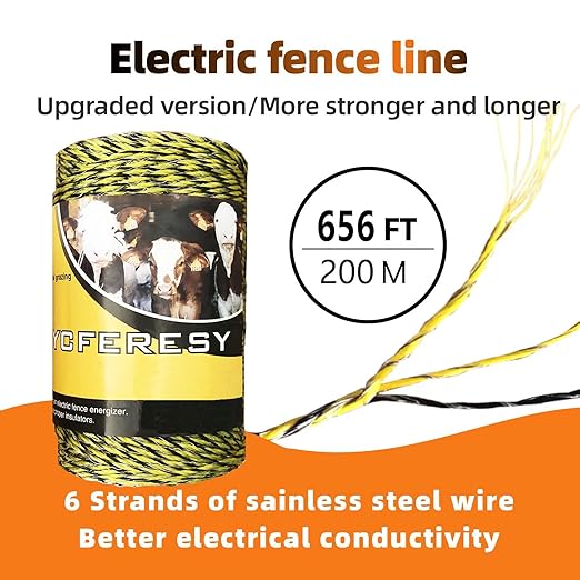 Electric Fence Polywire 656 Feet，200 Meter，6 Stainless Steel Strands for Reliable Conductivity and Rust Resistance，Portable Electric Fence Rope