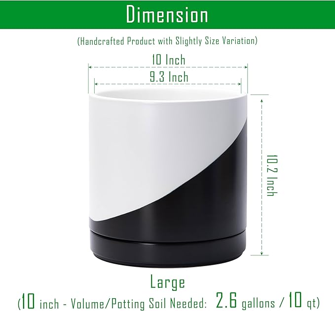 D'vine Dev 10 Inch Ceramic Planter Pot with Drainage Hole and Saucer, Indoor Cylinder Round Planter Pot, Oblique Monochrome Black and White, 94-O-E-K