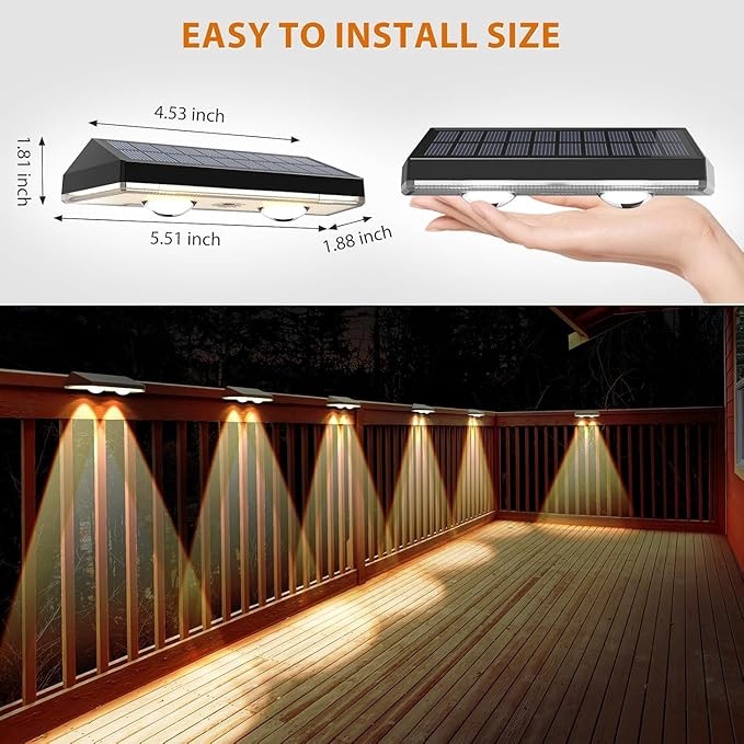 Solar Fence Lights,RGB & Warm White & 6 Colors Lens LED Dusk to Dawn Deck Light, Fence Solar Lights Outdoor Waterproof, Solar Outdoor Lights for Backyard/Railing/Wall/Step/Patio/Pool Set of 2