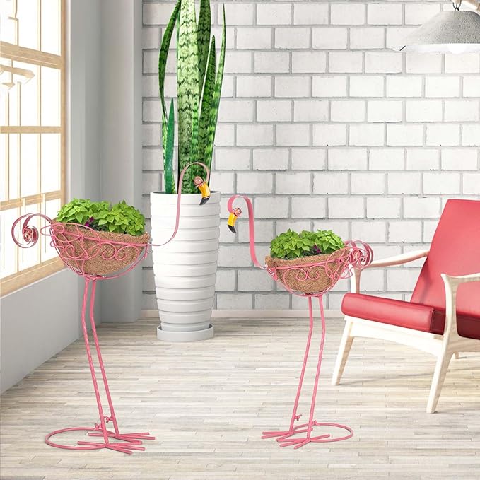 Set of 2 Pink Metal Flamingo Planters with Basket for Indoor Outdoor Garden Yard Decor