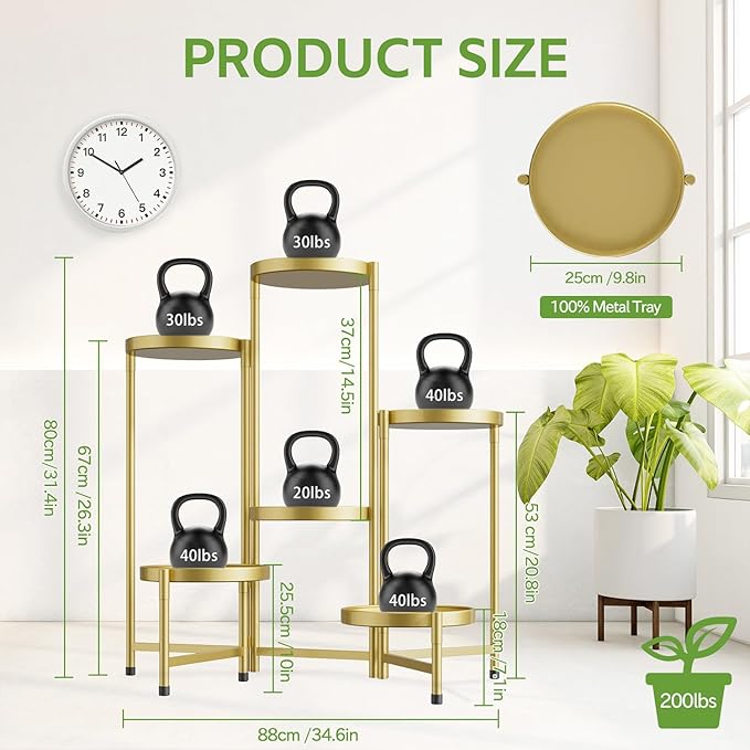 iDavosic.ly 6 Tier Large Plant Stand Indoor, 10 Inch Wide Tall Corner Metal Plant Stands Outdoor for Multiple Plants, Folding Tiered Flower Display Holder Rack Shelf, Gold